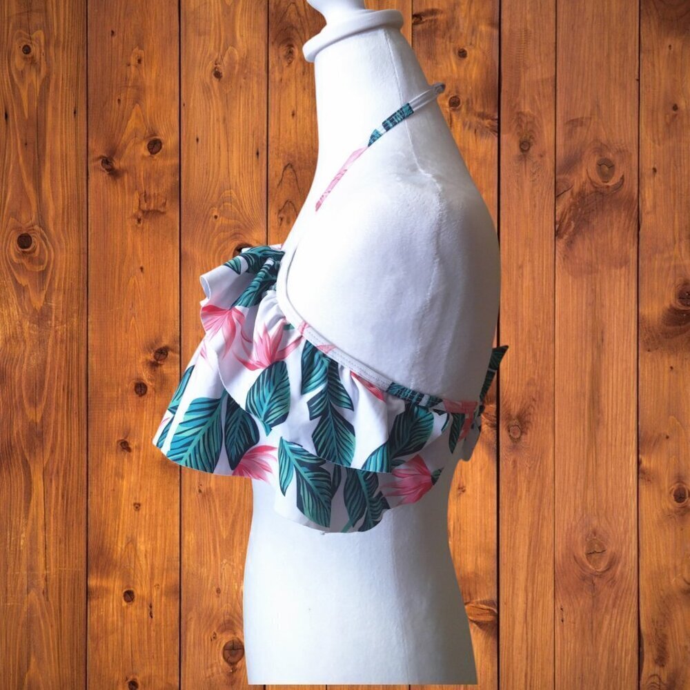 Heat Move Floral Tropical Flouncy Bikini Halter Top Tie Back Size Large Beach - Picture 3 of 4